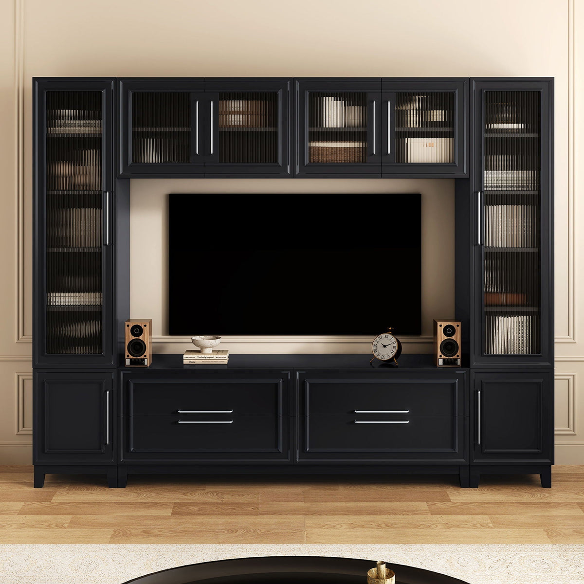 Modern Entertainment Center with Fluted Glass Doors - White or Black