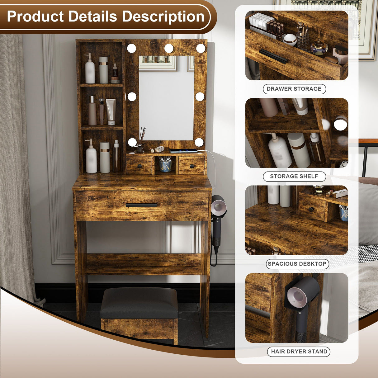 Vanity Table With Mirror, Adjustable LED Lights, Power Outlet, Hairdryer Holder & Stool