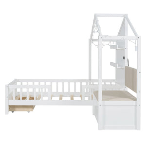 House Bed With Upholstered Sofa, Wireless Charging Station, Shelves And 2 Drawers