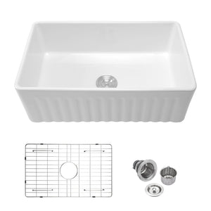 Ceramic Farmhouse Sink With Deep Basin And Stainless Steel Grid