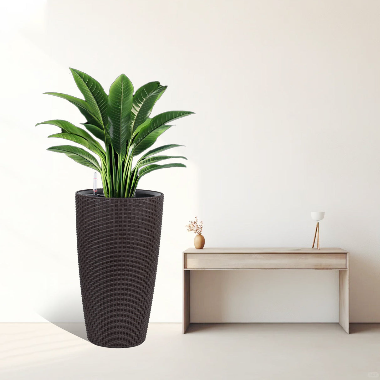 Set of 2 Faux Rattan Tall Planters with Automatic Watering