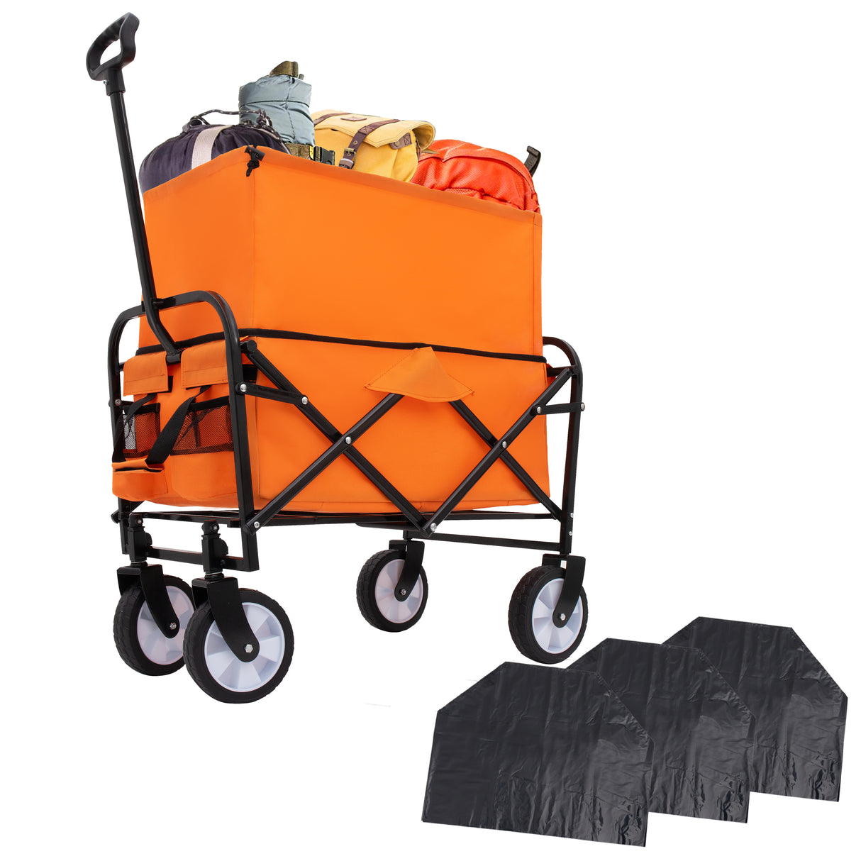 Minimeetall multi-use bag,collapsible foldable wagon cart beach wagon heavy duty utility cart utility wagon grocery cart for for camping 3pcs plastic liner bag /cover , orange
