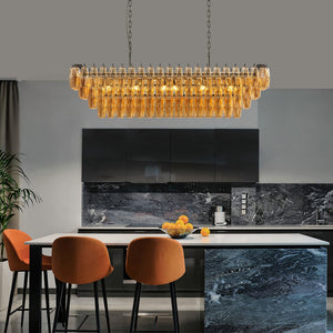 54' Black Rectangular Chandeliers for Dining Room, 12-Light 4 Tiered Large Smoke Glass Chandelier, Modern Kitchen Island Farmhouse Hanging Light Fixture for Living Room Foyer(Bulb not included)