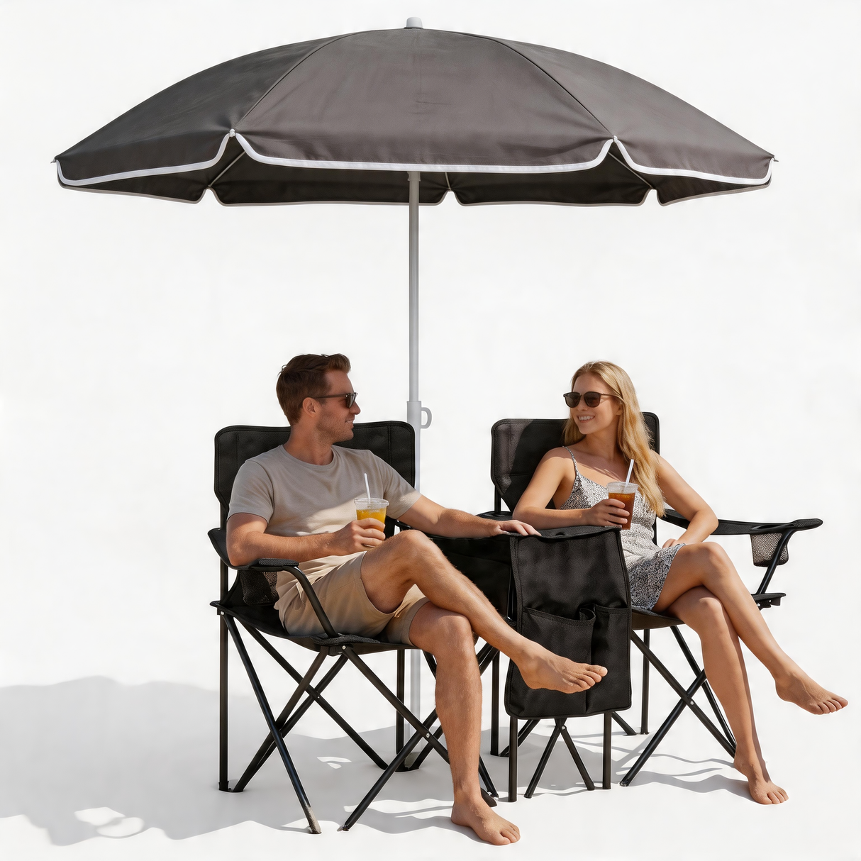 Portable Folding Picnic Chair Set with Umbrella, 2-Person Outdoor Camping Chairs