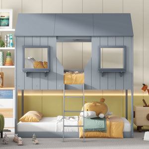Twin Over Twin Bunk Bed With Roof, Window, Guardrail, Ladder