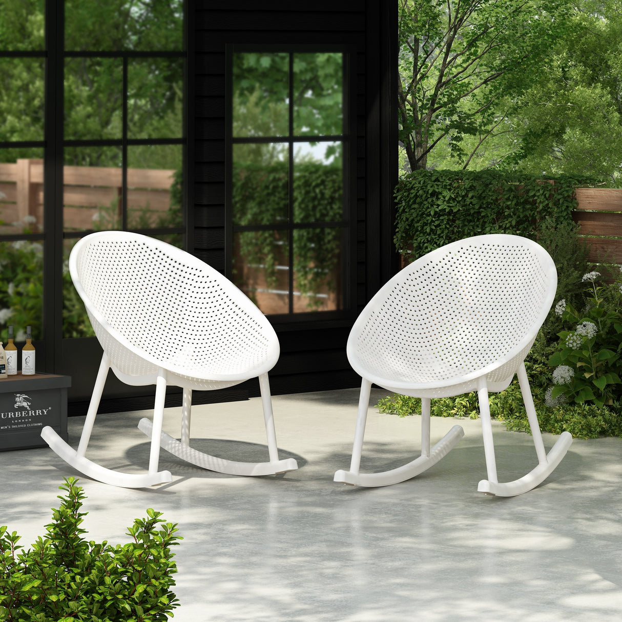 Modern Gable Rocking Chair Set of 2 in White Plastic with Weather Resistance