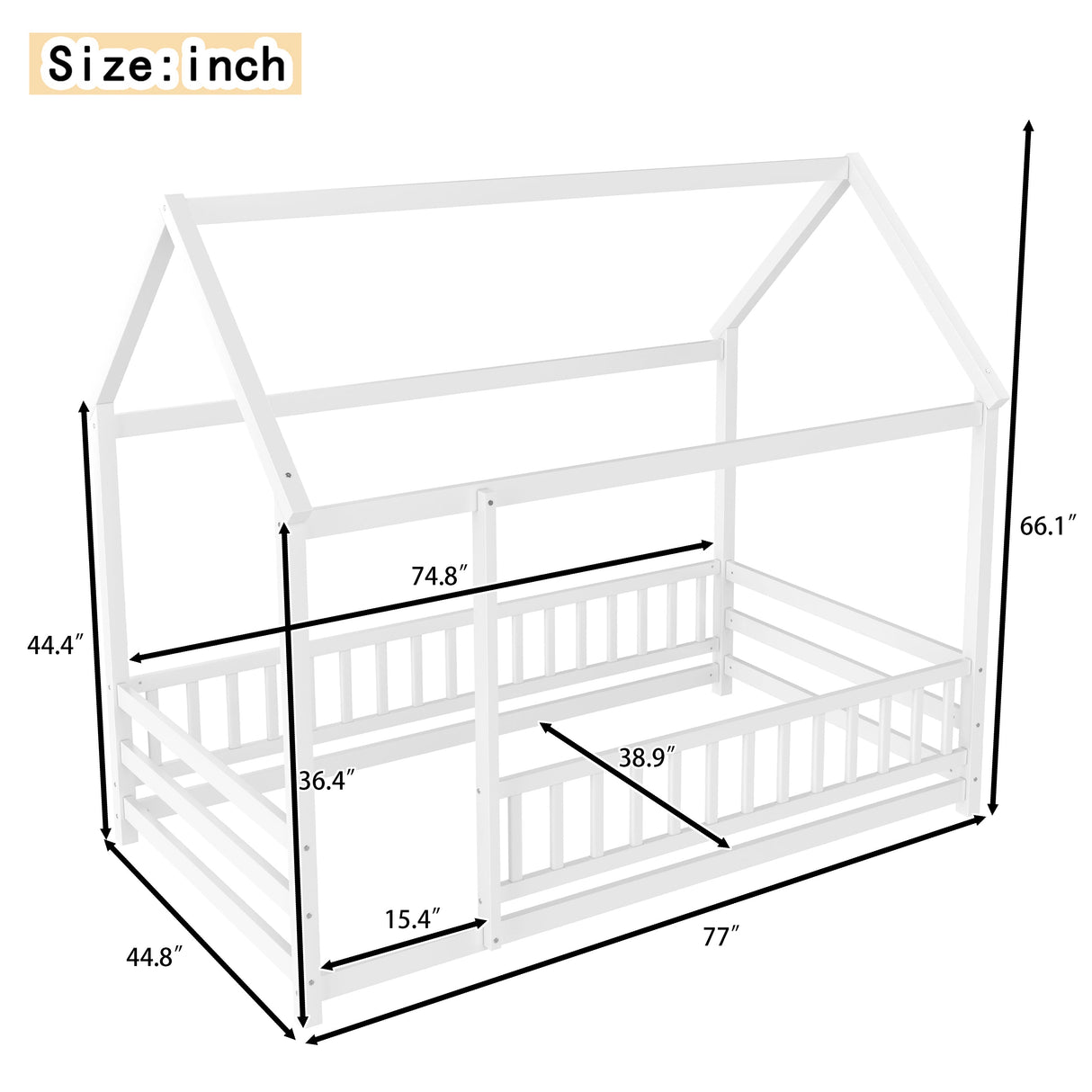 Twin Size Floor Wooden Bed with House Roof Frame
