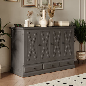Solid Pine Murphy Bed Chest Cube Cabinet Bed With Charging Station And Large Storage Drawer For Home Office Or Small Room