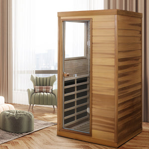 Red Cedar Mini One Person Far Infrared Indoor Sauna Room with Left Glass Door, Natural Wood & Caramel