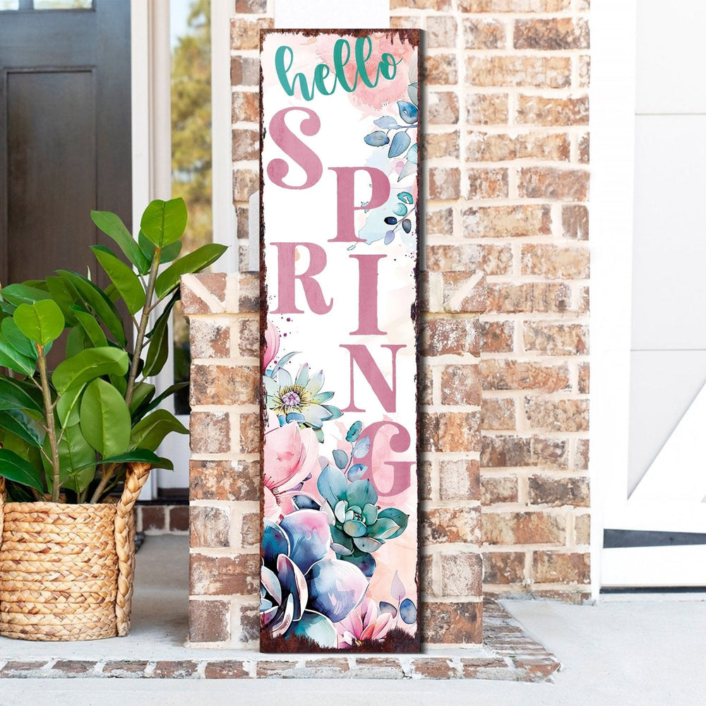 36 - Inch 'Hello Spring' Wooden Porch Sign with Succulent Design - Tuesday Morning - Front Porch Decor