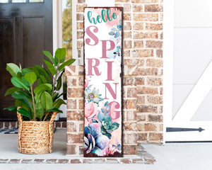 36 - Inch 'Hello Spring' Wooden Porch Sign with Succulent Design - Tuesday Morning - Front Porch Decor