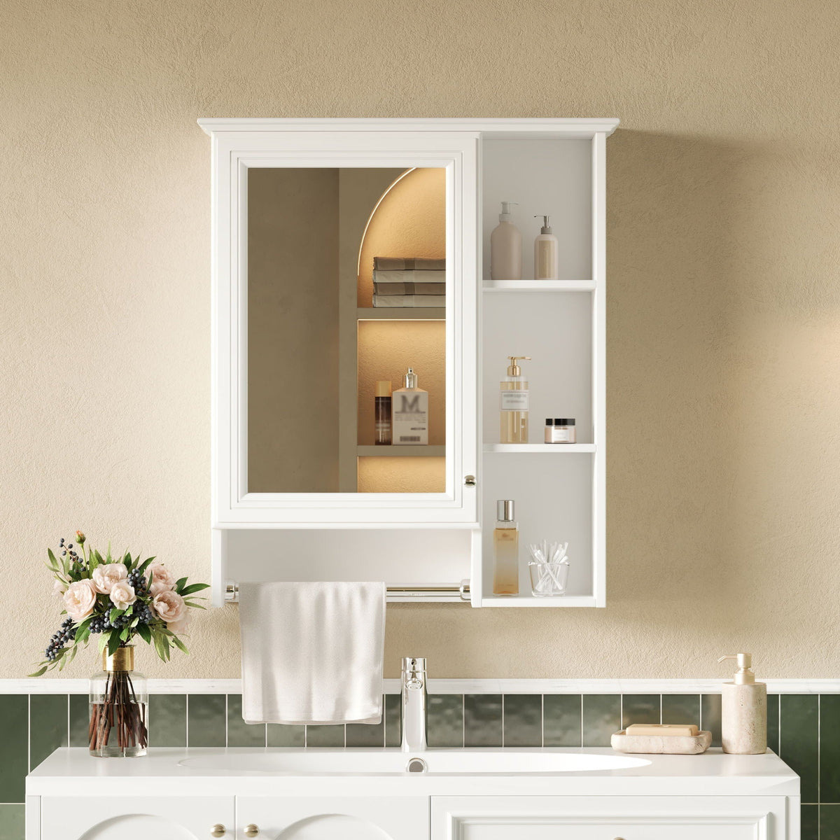 Modern 3 In 1 Bathroom Mirror Cabinet with Adjustable Shelf and Towel Bar - Black or White
