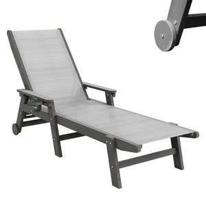 Lounge Chair Outdoor, HDPE Chaise Lounge with Wheels and 5-Position Recliner