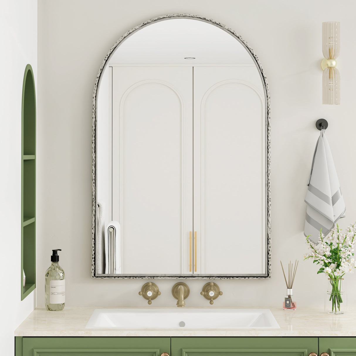 Arched Silver Wall Mirror with Tempered Glass Metal Frame