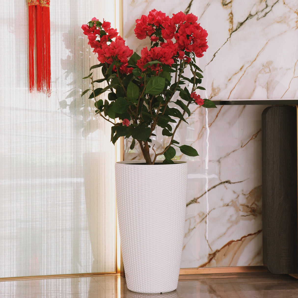 Set of 2 Faux Rattan Tall Planters with Automatic Watering System