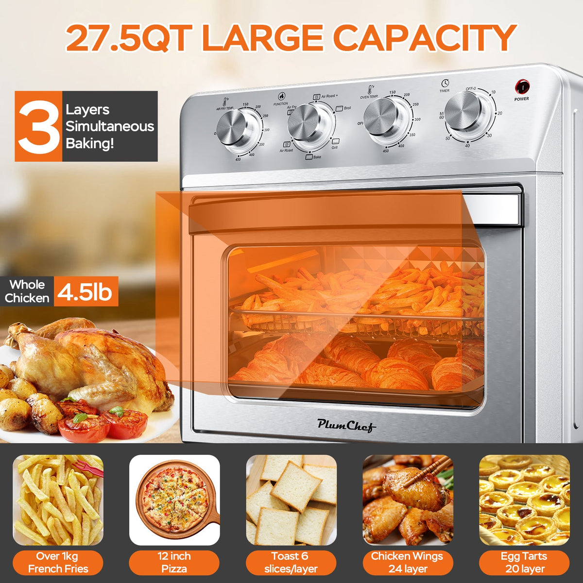 Plum Chef Air Fryer Oven 27.5QT - 6-in-1 Countertop Oven