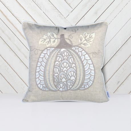 Embroidered Lace Pumpkin Accent Pillow – Neutral Fall Accent Cushion