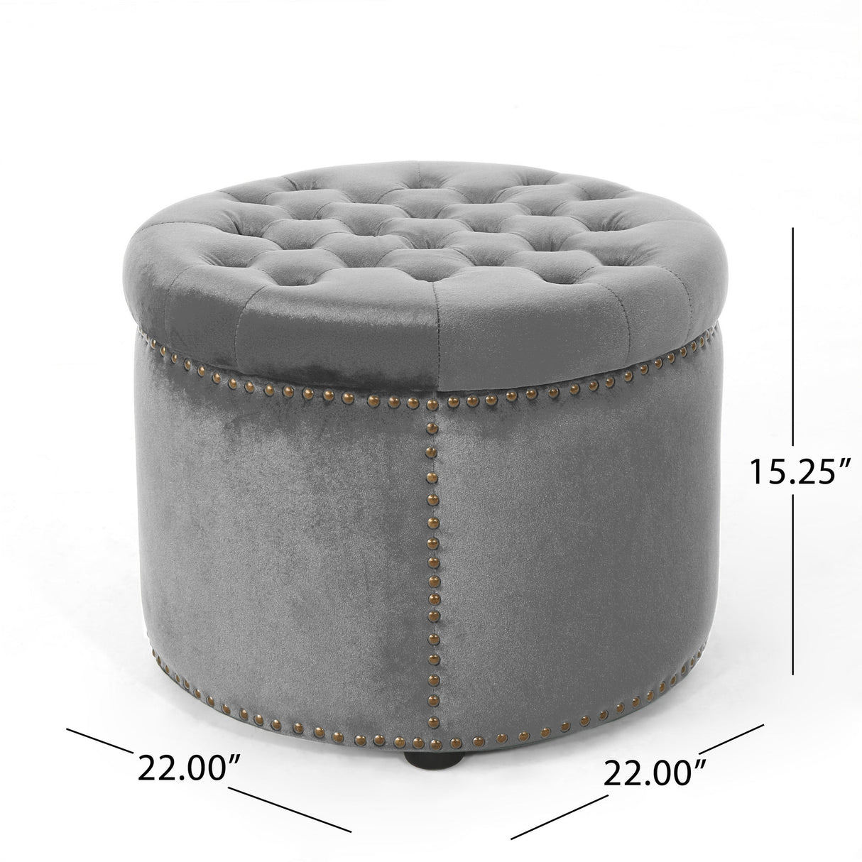 Elegant Round Ottoman Footstool with Grey Velvet Upholstery and Studded Rim