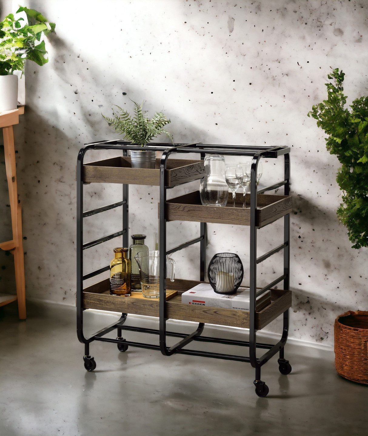 Vorrik Black & Walnut Finish Serving Cart