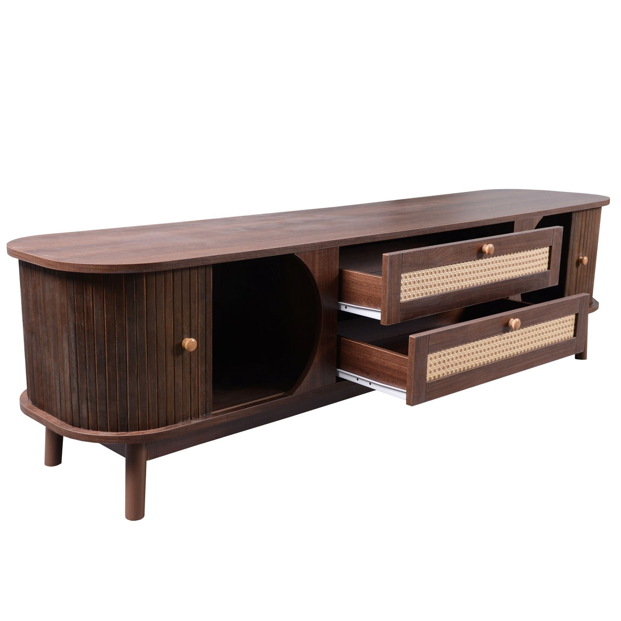 TV Stand For TVs Up To 75'', Cabinet With Drawers And Sliding Doors, Living Room Entertainment Console - Natural Wood / Brown