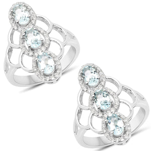 1.54 Carat Genuine Aquamarine and White Zircon .925 Sterling Silver Ring