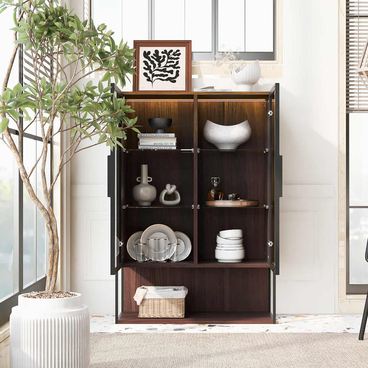 Modern Minimalist 51.2'' Tall Lighted Display Cabinet with Tempered Glass