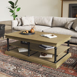 55.1' Wood Coffee Table with Black Legs, 2 Open Storage Shelves, Brown