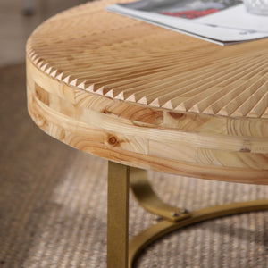 Modern Round Coffee Table with Wooden Carving Pattern and Metal Legs in Golden Natural Finish, Pine and MDF Construction