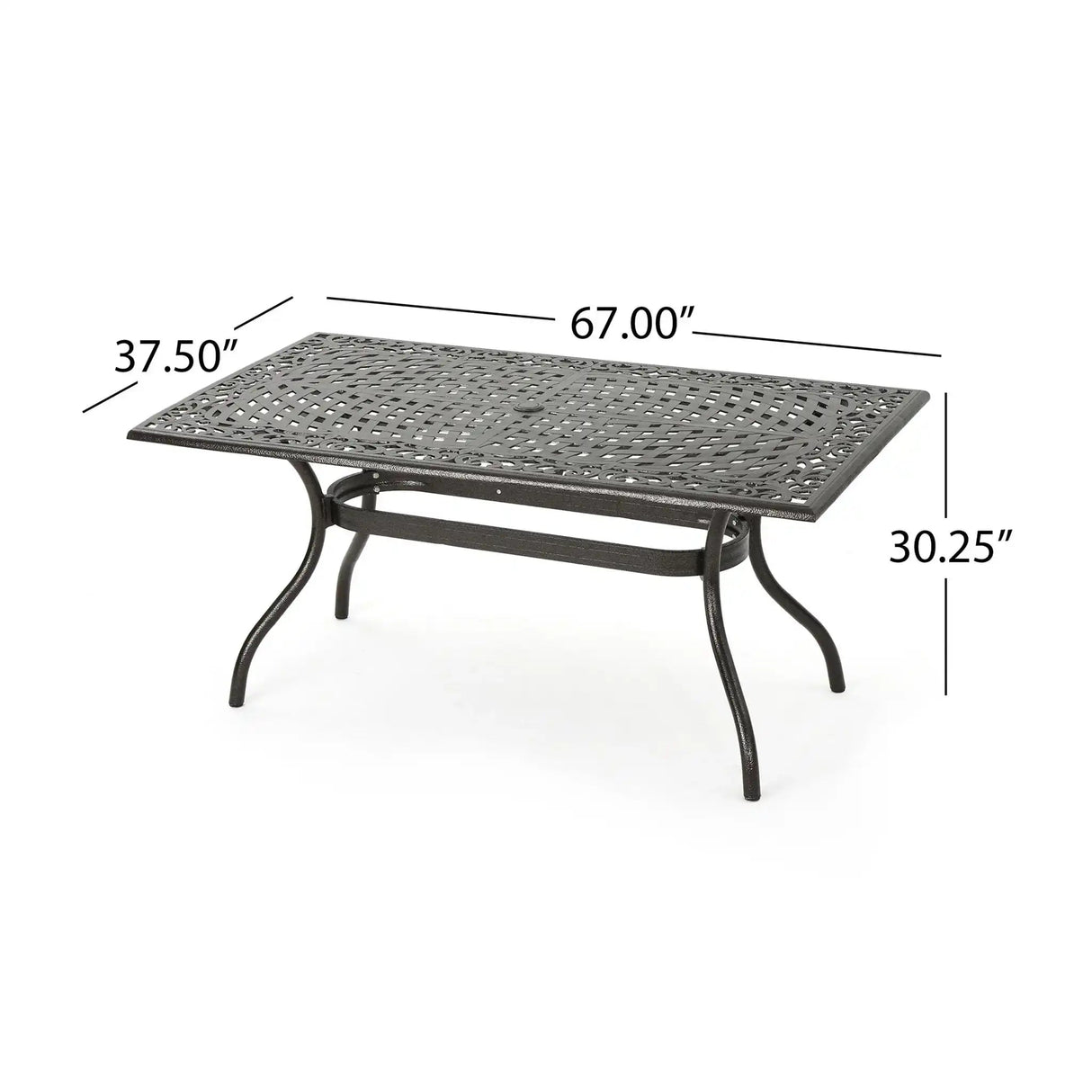 Celestine Outdoor Cast Aluminum Dining Table With Floral Lattice Design And Umbrella Holder