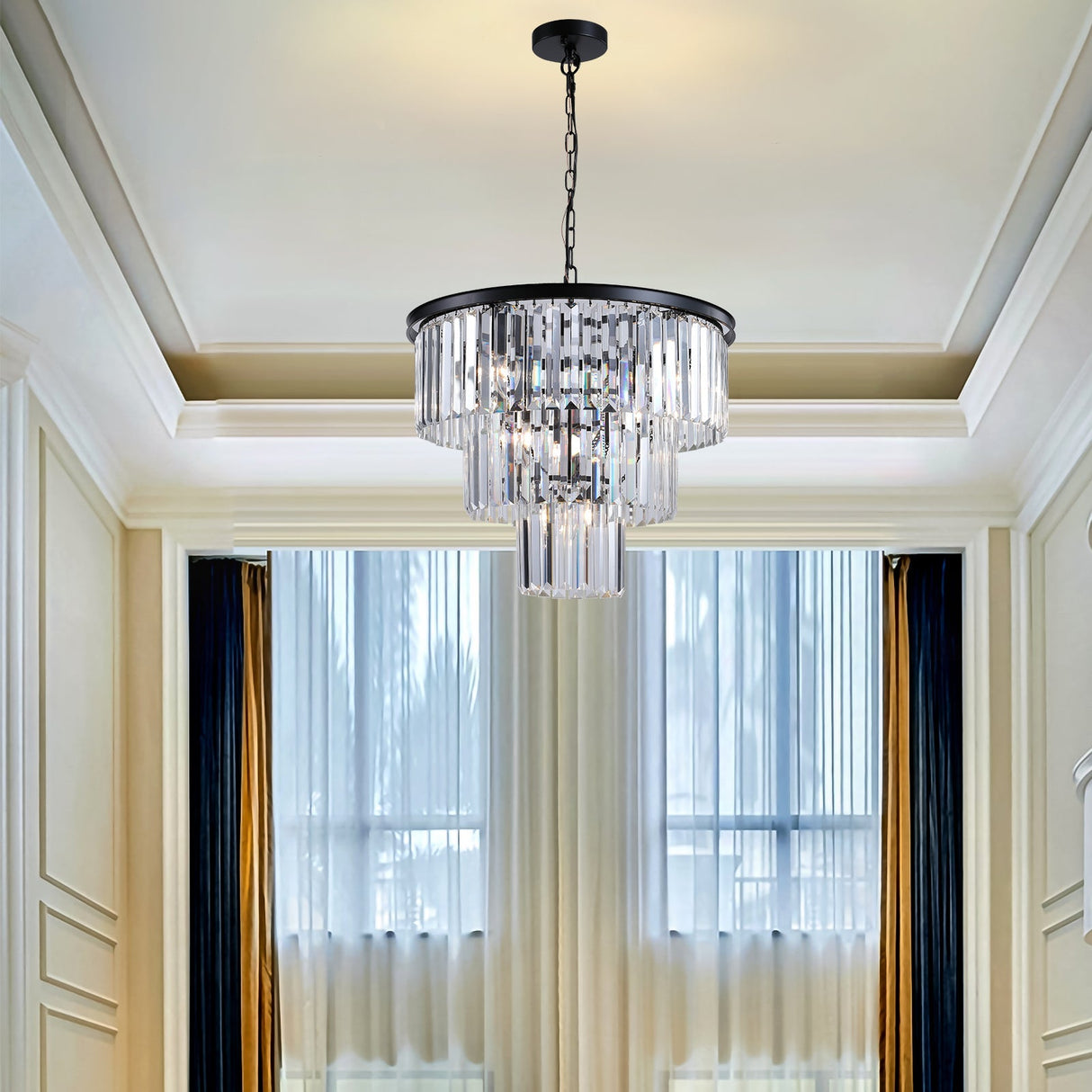 20' Modern Crystal Chandelier with Black Finish – Elegant 7-Light Pendant Light with 3 Tier Crystal Strands for Dining Room, Living Room, or Bedroom (Bulb Not Included)