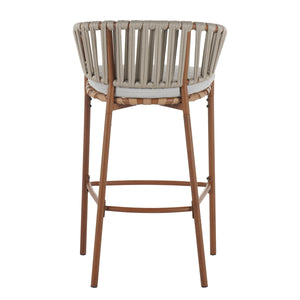 Lodi Outdoor Metal Rope Barstool, Teak Finished Frame and Beige Cushion, Set of 4