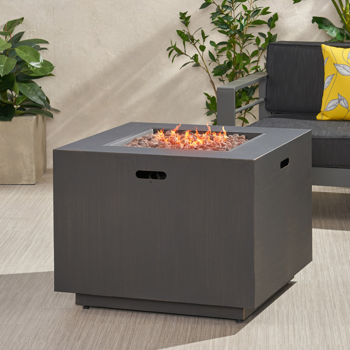 33' Outdoor Iron Square Propane Fire Pit, Tank Inside, Brushed Brown - 50,000 BTU