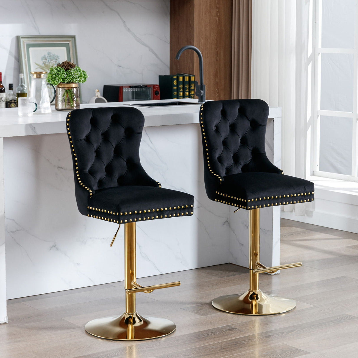 Thick Swivel Barstools Adjusatble Seat Height From 25-33", Modern Upholstered Bar Stools With Backs Comfortable Tufted For Home Pub And Kitchen Island (Set of 2)