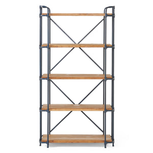 Yorktown Industrial 5 Shelf Bookcase with Metal Pipework and Solid Fir - Natural