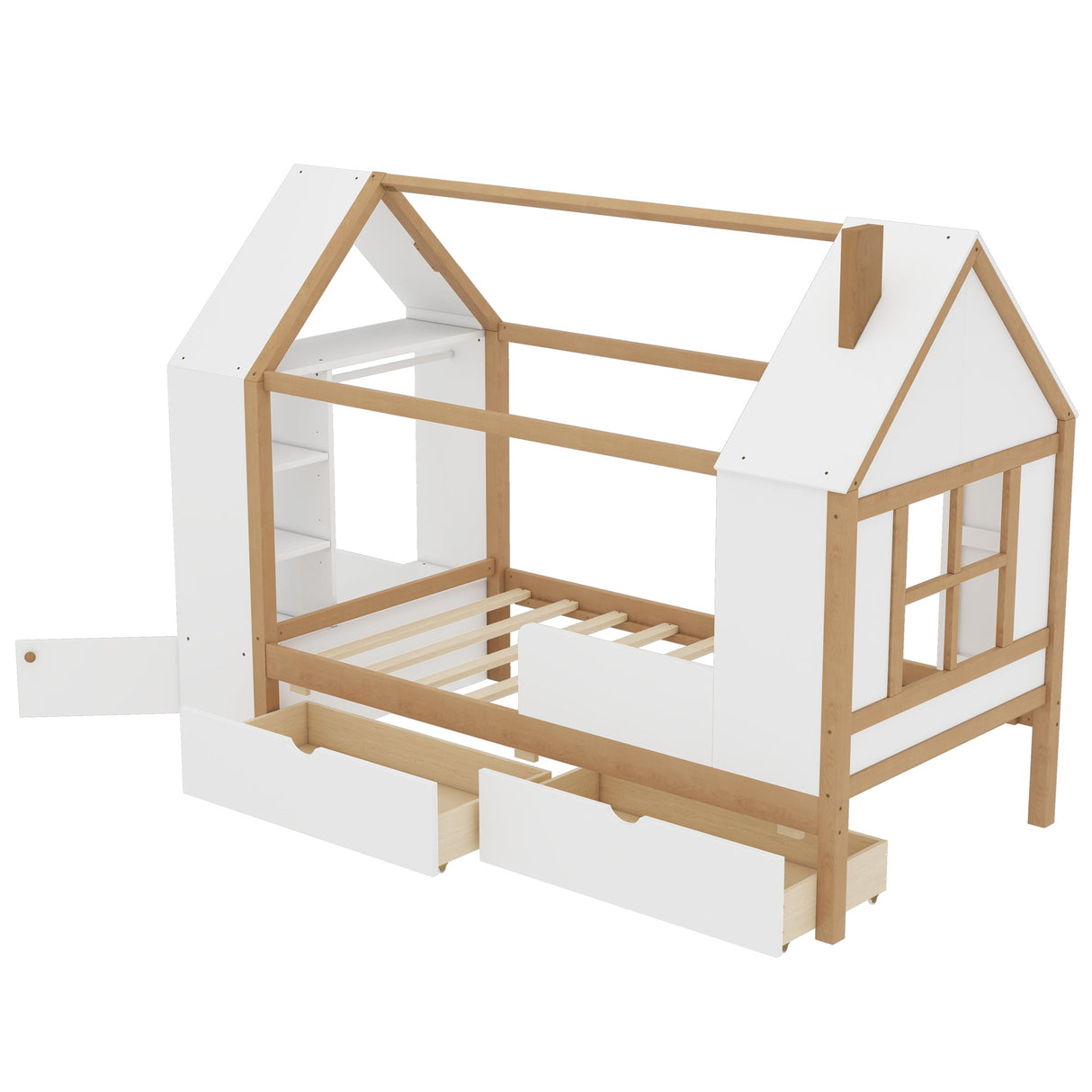 Twin Size House Platform Bed with Drawers, Solid Wood House Bed with Shelves