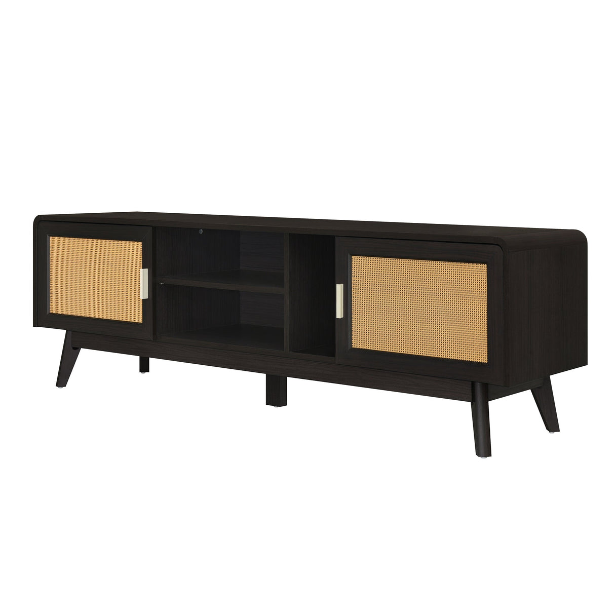 63'' Dark Rattan TV Stand with 2 Storage Cabinets and Solid Wood Legs