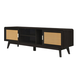 63'' Dark Rattan TV Stand with 2 Storage Cabinets and Solid Wood Legs