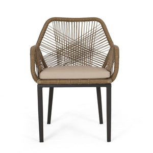 Modern Wicker Dining Club Chair With Water Resistant Cushions - Brown / Beige