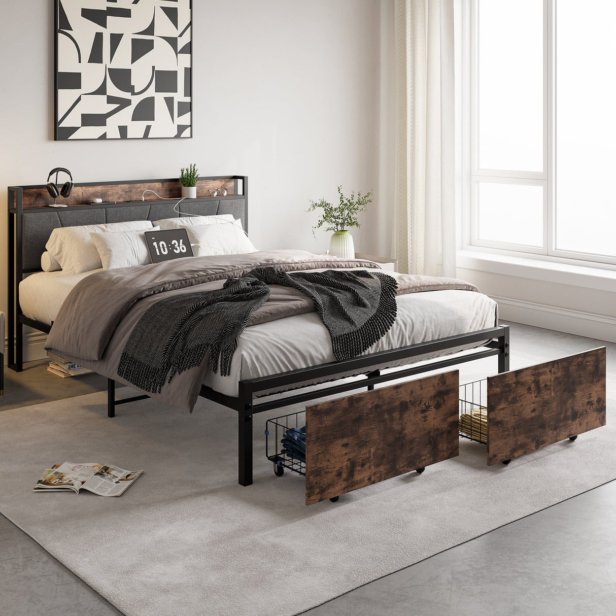 Upholstered Platform Bed with Storage & Charging Station Vintage Brown and Gray