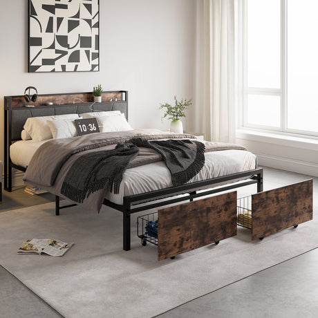 Upholstered Platform Bed with Storage & Charging Station Vintage Brown and Gray