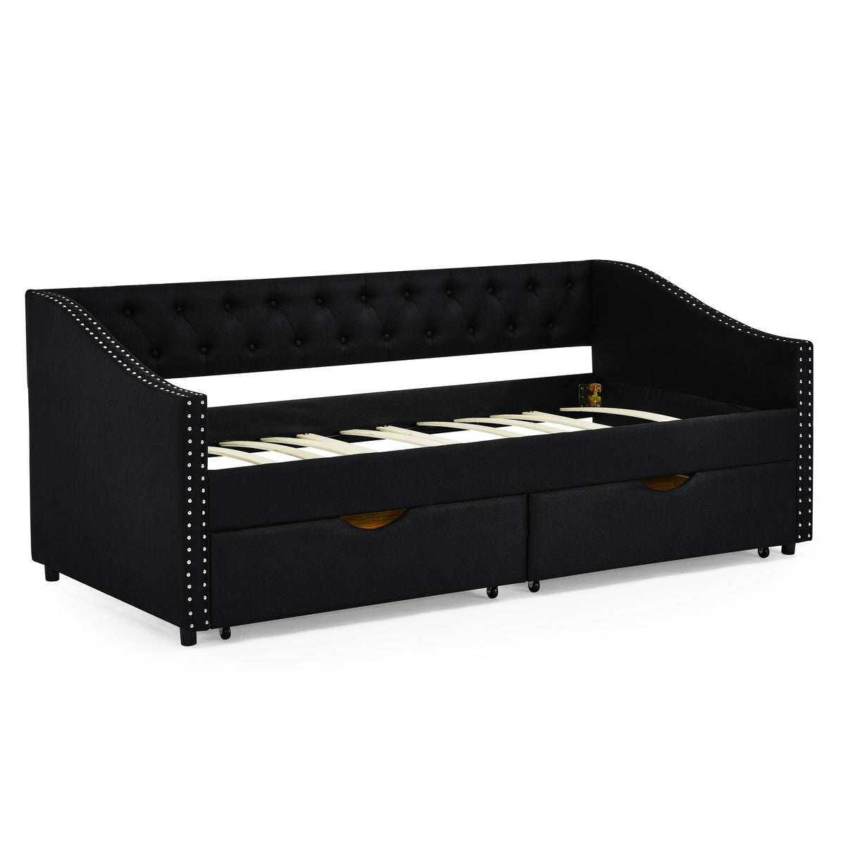 Upholstered Tufted Daybed With 2 Drawers, Waved Arms