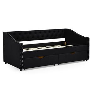 Upholstered Tufted Daybed With 2 Drawers, Waved Arms