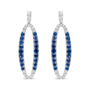 18K White Gold 1.11 Cttw Blue Round Diamond and Blue Sapphire Openwork Oval Shaped Dangle Earrings (F-G Color, VS1-VS2 Clarity)
