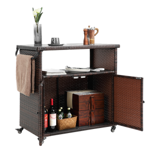 Outdoor Wicker Bar Cart with Glass Top and Wheels - Light Brown