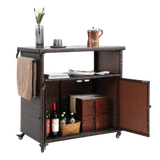 Outdoor Wicker Bar Cart with Glass Top and Wheels - Light Brown