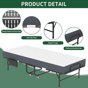 Twin Folding Bed With Memory Foam Mattress, On Wheels, Portable Bed For Adults & Guests - Black