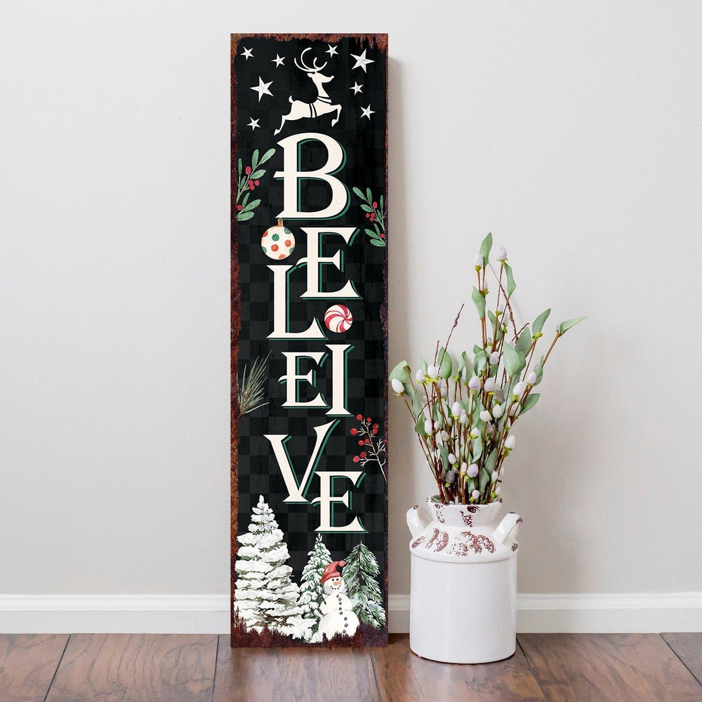 36in Believe Christmas Sign for Front Porch - Vintage Christmas Decoration, Rustic Modern Farmhouse Entryway Snowman Decor for Front Door - Tuesday Morning - Wall Signs