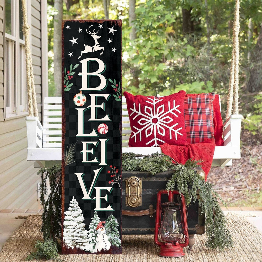 36in Believe Christmas Sign for Front Porch - Vintage Christmas Decoration, Rustic Modern Farmhouse Entryway Snowman Decor for Front Door - Tuesday Morning - Wall Signs
