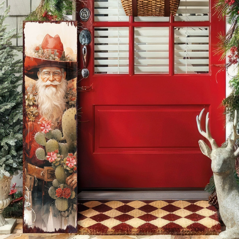 36in Cowboy Santa Christmas Porch Sign - Front Porch Welcome Sign, Modern Farmhouse Wall Decor, Vintage Christmas Decor for Outdoor - Tuesday Morning - Wall Signs