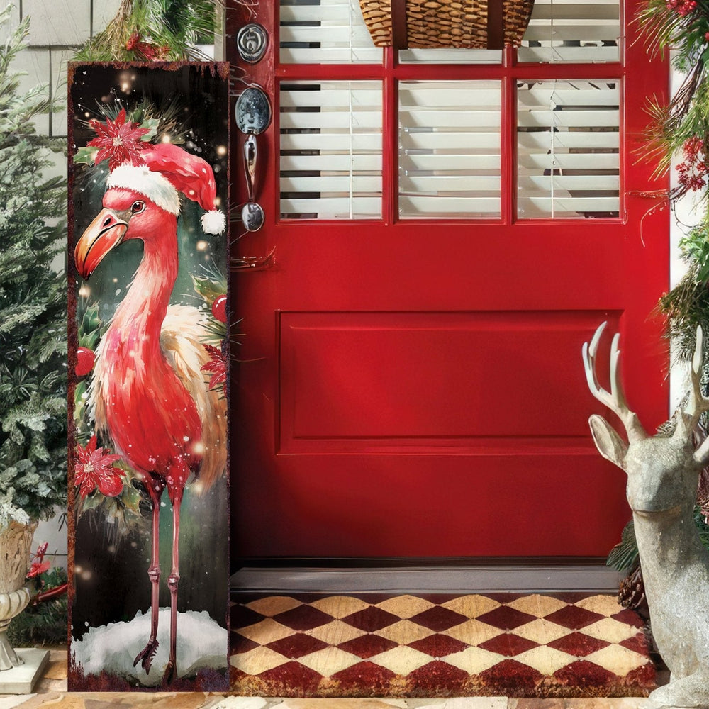 36in Flamingo Merry Christmas Porch Sign - Front Porch Welcome Sign, Modern Farmhouse Wall Decor, Vintage Christmas Decor for Outdoor - Tuesday Morning - Wall Signs